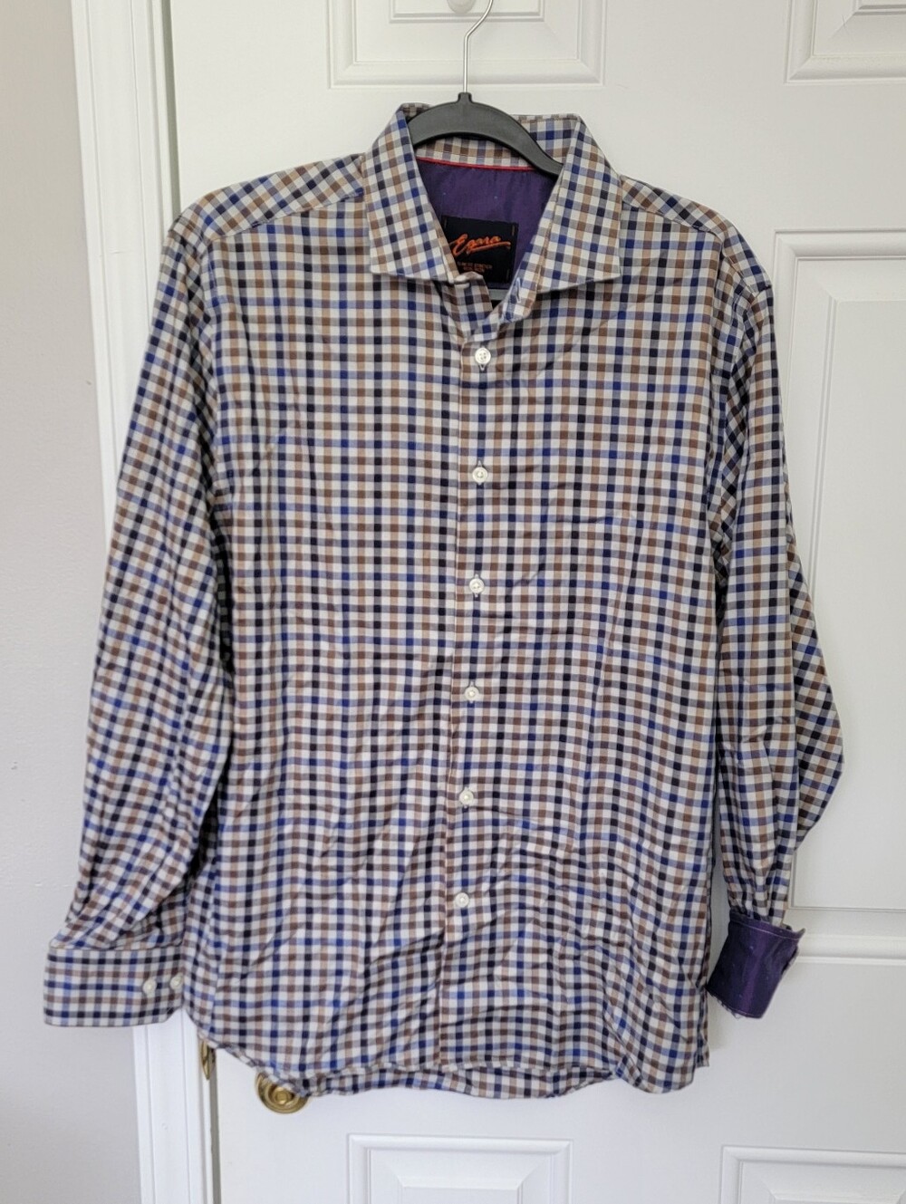 Egara Non-Iron Stretch Slim Fit Blue Brown White Check Shirt Long Sleeve Medium